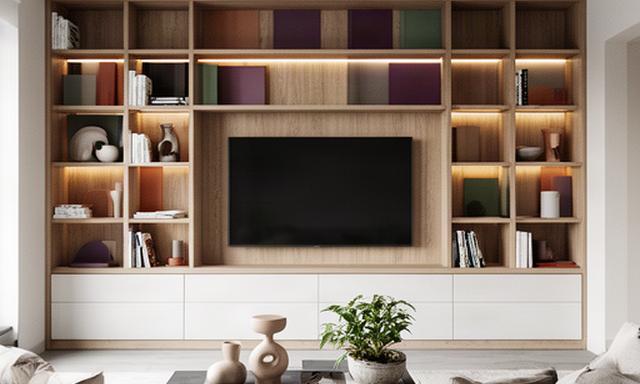 Soggiorno moderno con parete attrezzata in rovere e vani contenitore