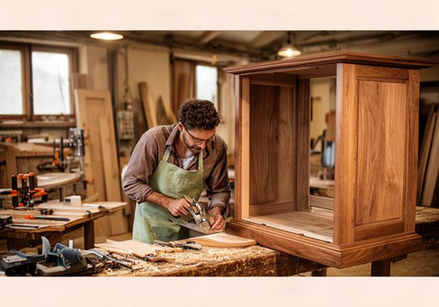 Falegname al lavoro su un mobile in legno massello nel laboratorio artigianale di Lentate sul Seveso