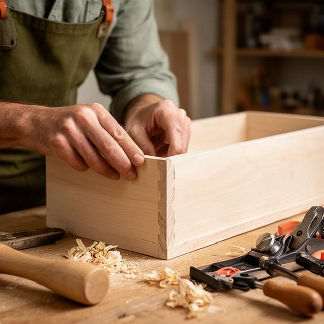 Maestro falegname al banco mentre rifinisce un cassetto in legno chiaro