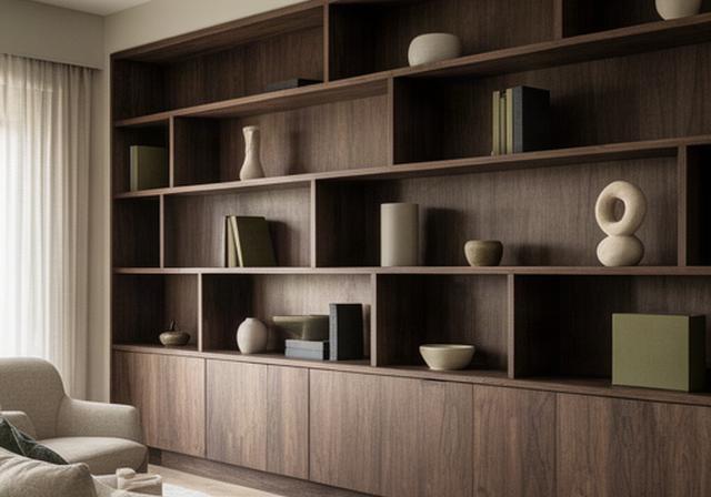 Libreria su misura in legno scuro installata su una parete del soggiorno