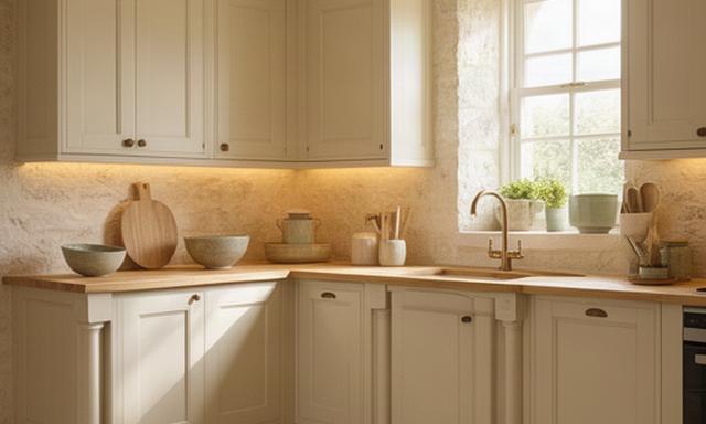Cucina classica su misura con ante color crema e piano in legno chiaro