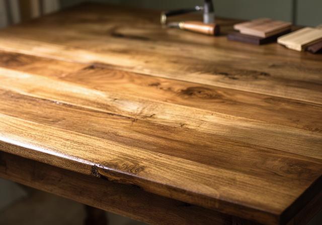 Tavolo antico in legno restaurato con venature visibili e finitura satinata
