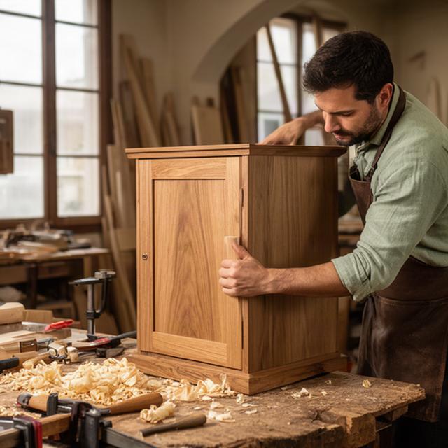 Falegname al lavoro su un mobile in legno massello nel laboratorio artigianale