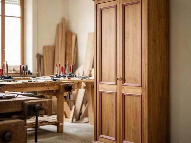 Mobile in legno su misura con ante a telaio nel laboratorio di falegnameria