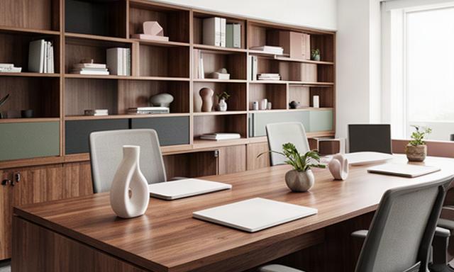Ufficio professionale con scrivanie in legno, scaffalature e luce naturale