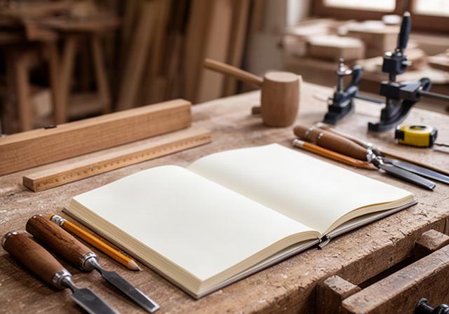 Tavolo da lavoro in legno con taccuino aperto e utensili ordinati nel laboratorio di una falegnameria