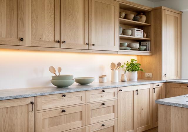 Cucina su misura in legno chiaro con piano da lavoro e pensili aperti
