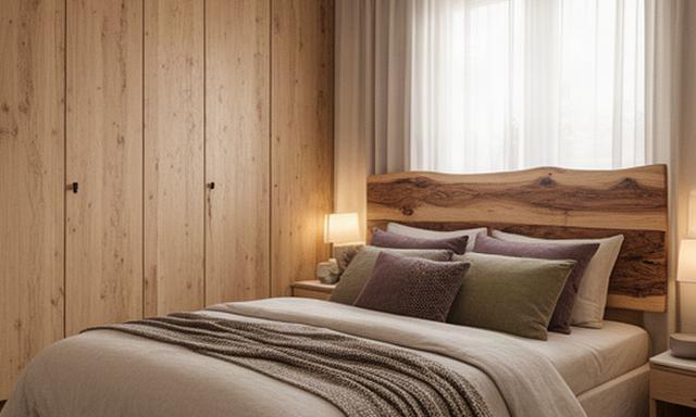 Camera da letto su misura con armadio in legno naturale e testiera coordinata